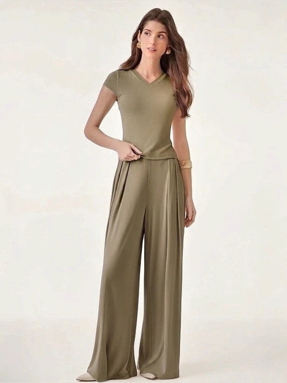 OGL Olive Sandwashed Mid Rise Pleated Wide Leg Palazzo Pants Size SP